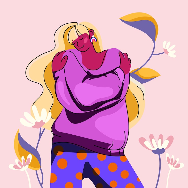 Vector gelukkige vrouw die zichzelf knuffelt moderne vectorillustratie
