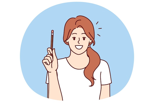 Gelukkige vrouw heeft een nieuw idee en houdt een potlood om gedachten te delen en een onderwerp te bespreken
