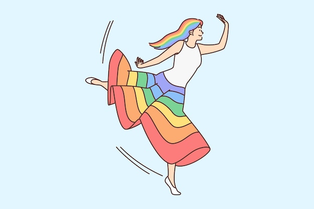 Gelukkige vrouw in regenboogrok dansen