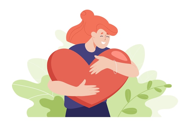 Gelukkige vrouw knuffelen rood hart platte vectorillustratie. jong meisje omarmen hart en glimlachen. ondersteuning, geestelijke gezondheid, geest, vrede, liefde, zorg, vrijheid, machtsconcept