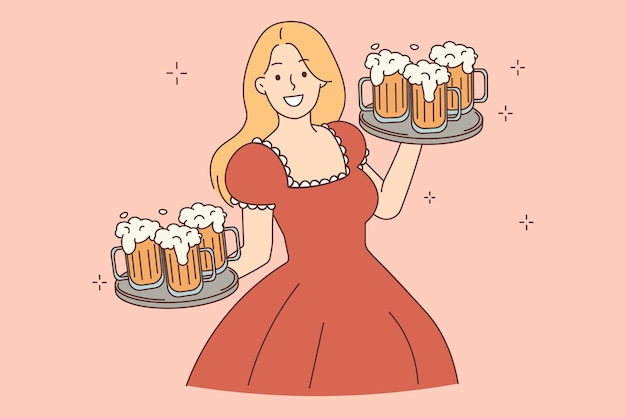 Gelukkige vrouw met bier op dienbladen