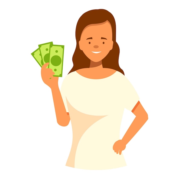 Gelukkige vrouw met geld, contante biljetten, glimlachend.