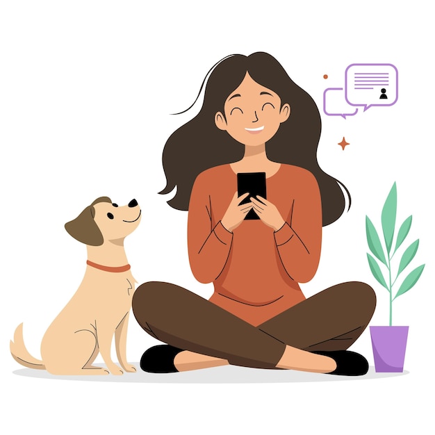 Gelukkige vrouw met haar hond die sms't op de telefoon.