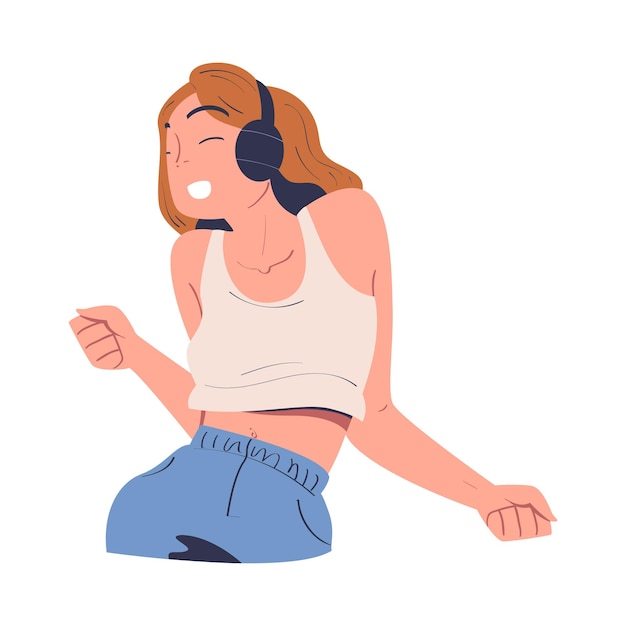 Gelukkige vrouw met koptelefoon die naar muziek luistert en danst vectorillustratie