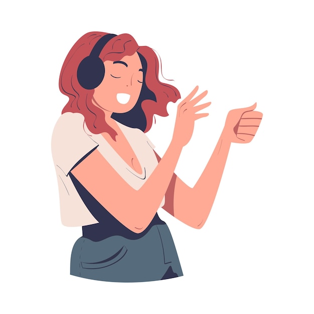 Gelukkige vrouw met koptelefoon die naar muziek luistert en danst vectorillustratie