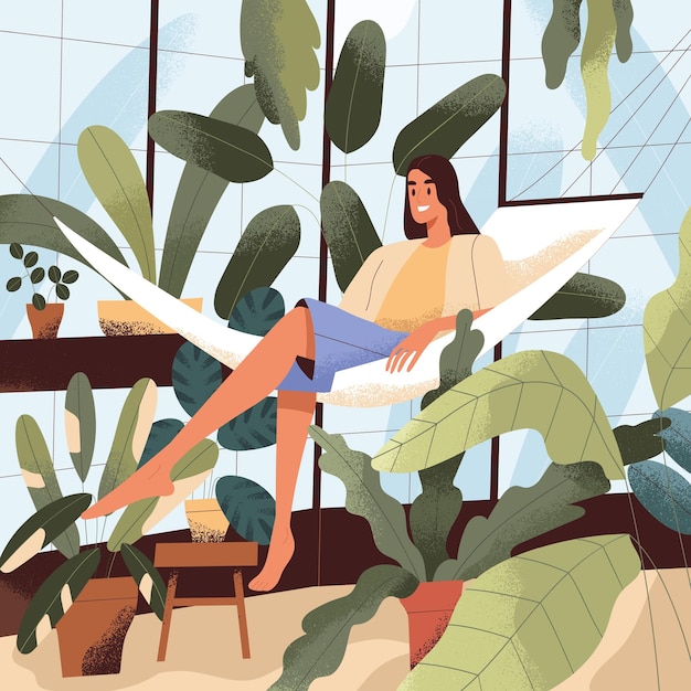 Gelukkige vrouw ontspannen in hangmat tussen potplanten in kas. Persoon die in huistuin rust met groene kamerplanten. Vrouw in indoor jungle interieur, moderne kas. Platte vectorillustratie.