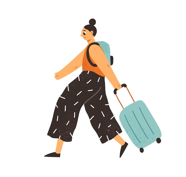 Gelukkige vrouw reizen met koffer en rugzak. Toerist die haar bagage trekt. Passagier die met bagage loopt. Gekleurde platte vectorillustratie van reiziger met tassen geïsoleerd op wit.