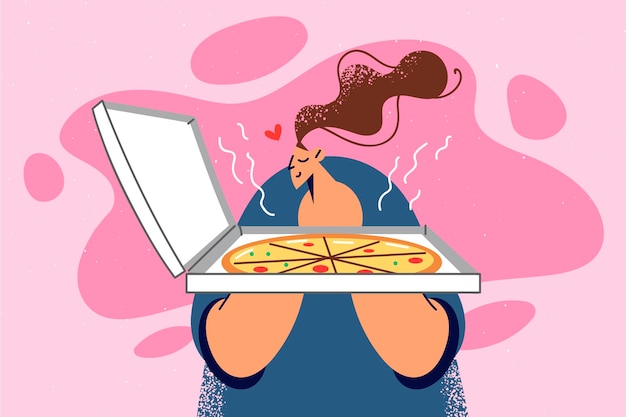 Gelukkige vrouw ruikt smakelijke pizza in doos