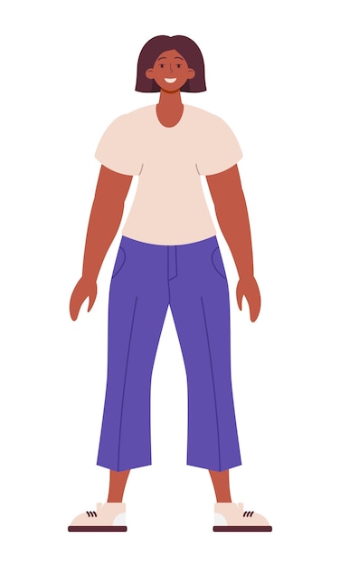 Gelukkige vrouw staan full body Portret van een meisje in een beige t-shirt en paarse broek Bodypositive