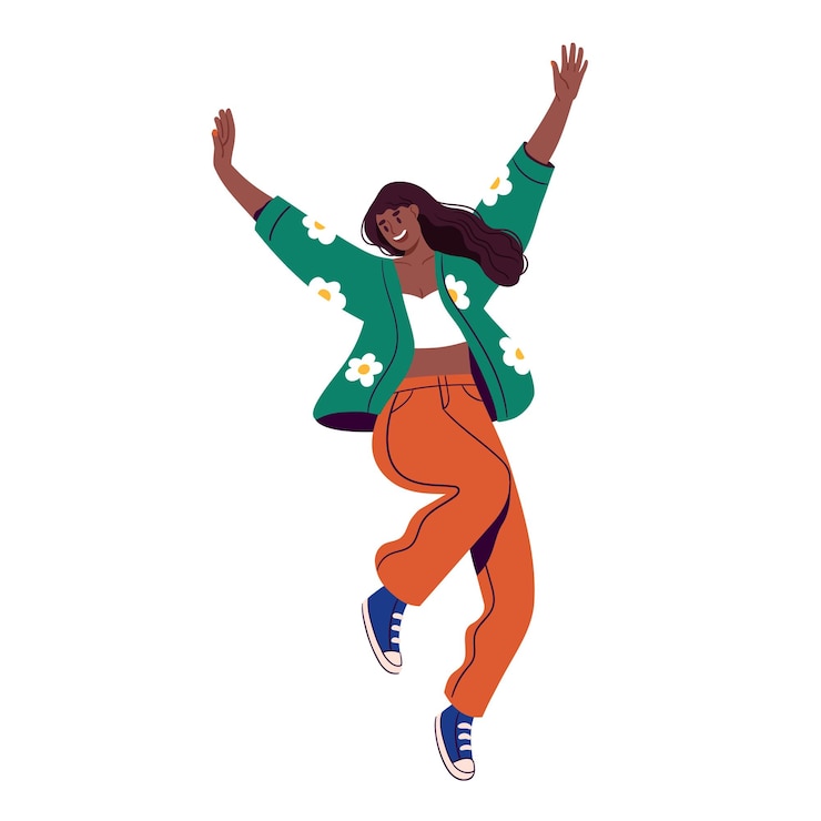 Vector gelukkige vrouw teken springen van vreugde in moderne kleding platte vectorillustratie