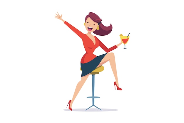 Gelukkige vrouw viert met cocktail op barstoel