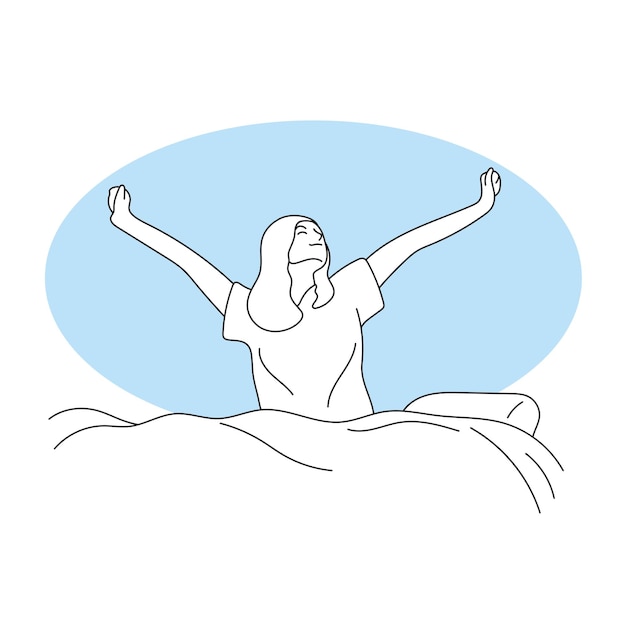 gelukkige vrouw wakker worden op bed in de ochtend illustratie vector hand getekend geïsoleerd op witte achtergrond