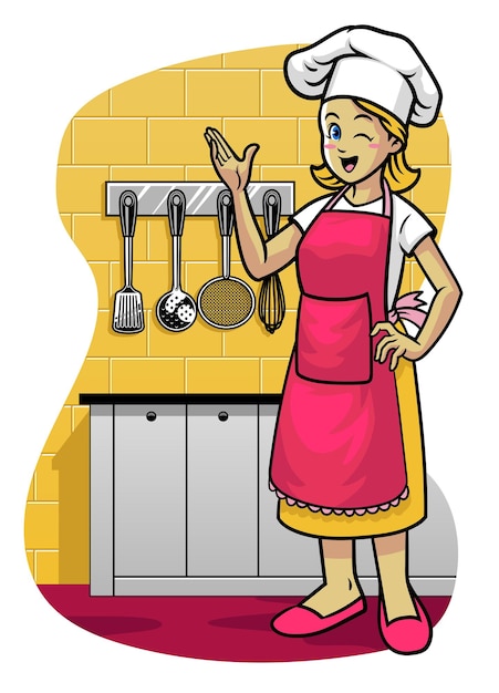Vector gelukkige vrouwen met schort in de keuken