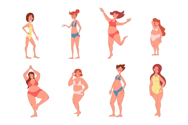 Gelukkige vrouwen met verschillende lichaamsvormen vector illustraties set. Mooie dunne, plus size vrouwelijke personages in zwemkleding of ondergoed geïsoleerd op een witte achtergrond. Lichaamspositiviteit, feminismeconcept