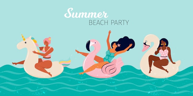 Gelukkige vrouwen op een zomer beach party. mensen zwemmen in het zwembad of in de zee op de opblaasbare drijvers, flamingo's, zwaan, eenhoorn. pool party zomer horizontale banner. hand getekende vlakke afbeelding