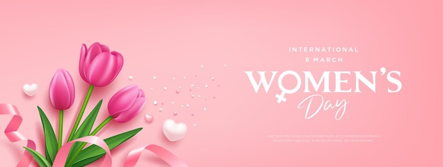 Gelukkige vrouwendag Tulpen bloemen en hart roze lint banner ontwerp op roze achtergrond