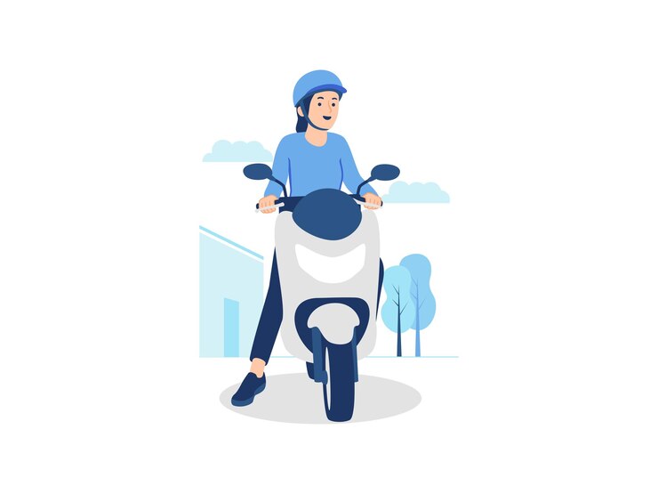Gelukkige vrouwenfietser die helm dragen die motormotorfiets berijden in het conceptenillustratie van de stadsstraat