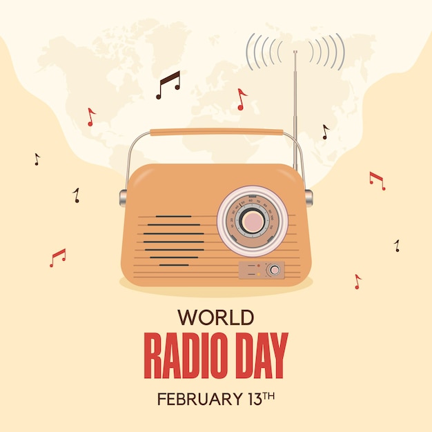 Vector gelukkige wereld radiodag 13 februari met een radio-illustratie op een geïsoleerde achtergrond