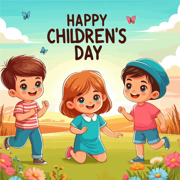 Gelukkige wereldkinderdag achtergrond vector illustratie concept met gelukkige speelse kinderen