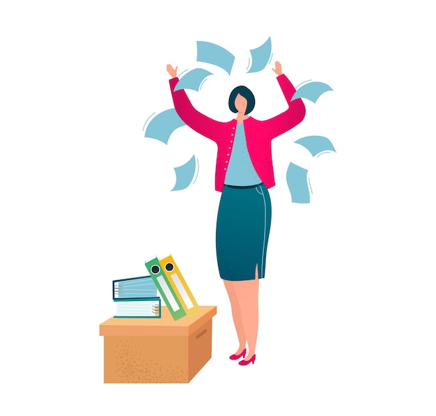 Gelukkige zakenvrouw die papieren gooit om succes op kantoor te vieren Opgewonden vrouwelijke werknemer met documenten die rondvliegen Job tevredenheid en prestatie concept vector illustratie