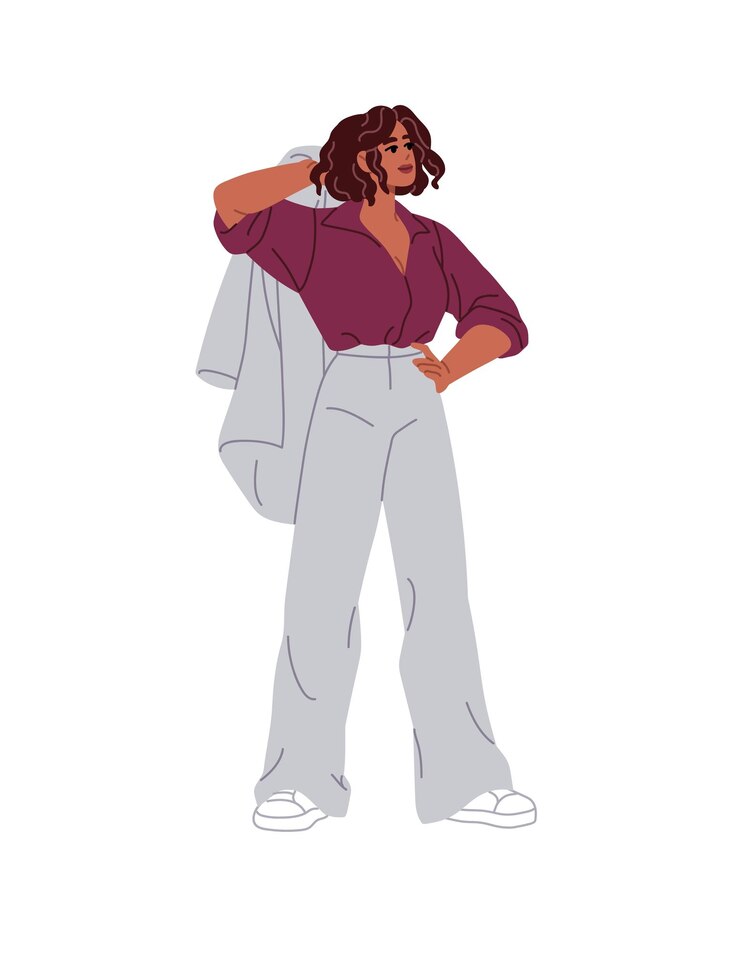 Vector gelukkige zakenvrouw houdt jas van mode kantoorpak zwarte zakenvrouw staat in een pose met hand op haar heup meisje is in stijlvol kostuum platte geïsoleerde vector illustratie op witte achtergrond