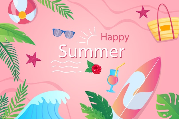 Vector gelukkige zomerachtergrond in plat cartoonontwerpbehang met zomersamenstelling zeegolf palm l
