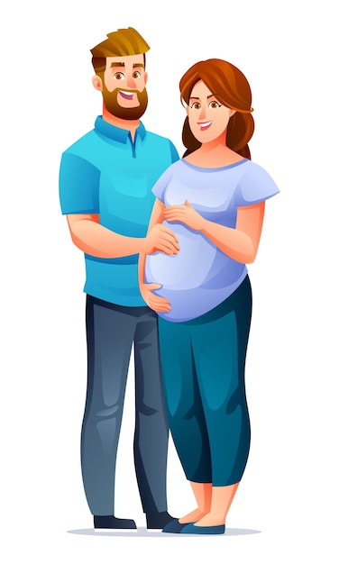 Gelukkige zwangere vrouw die haar buik knuffelt met haar man die wacht op een baby Vector cartoon personage