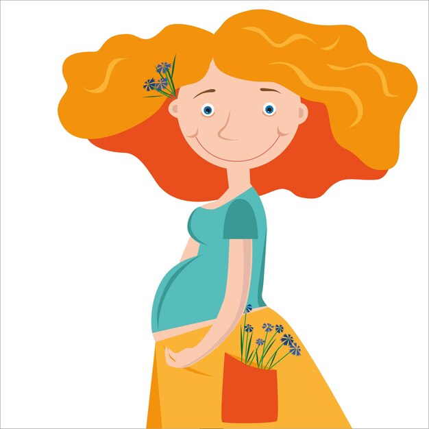 Gelukkige zwangere vrouw met bloemen in haar haar en in haar rokzak op een witte achtergrond