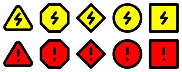 Geluw elektrische hoge spanning en rood waarschuwingswaarschuwingssignaal verschillende vormen icoon geïsoleerd