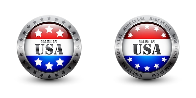 Gemaakt in de VS glanzende knop Gecertificeerd VS-productlogo Zilveren badge met vlag en tekst Platte vectorillustratie