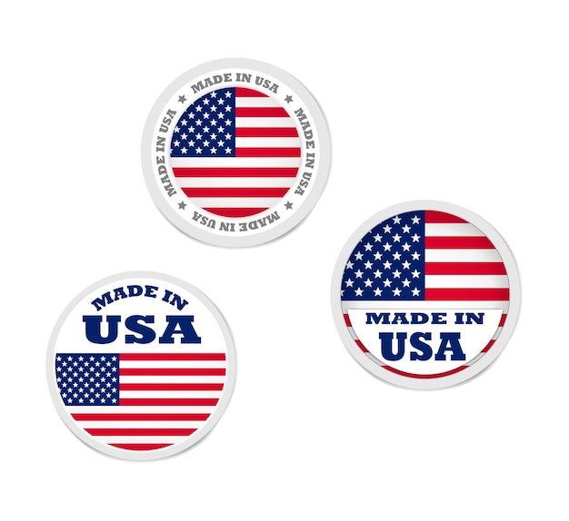 Gemaakt in de VS ronde label stickers vector set Merchandise tag met Amerikaanse vlag