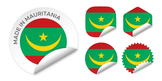 Gemaakt in Mauritanië vlag sticker etiketten badge logo 3d vector illustratie mockup geïsoleerd op wit