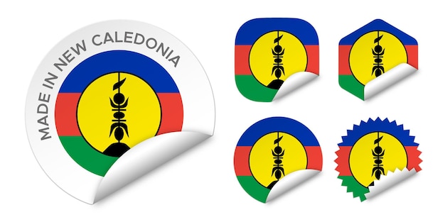 Gemaakt in Nieuw-Caledonië vlag sticker etiketten badge logo 3d vector illustratie mockup geïsoleerd op wit