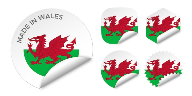 Gemaakt in wales vlag sticker etiketten badge logo 3d vector illustratie mockup geïsoleerd op wit