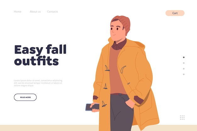 Gemakkelijk herfst outfit landing paginasjabloon met trendy mode jonge freelancer zakenman stripfiguur dragen gezellige warme straat uitloper Website vectorillustratie aanbieden van mannelijke herfstkleding