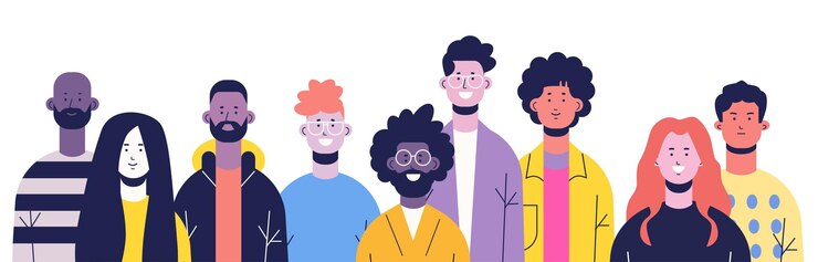 Vector gemengd ras zakenmensen groep in casual kleding staan samen jonge mannen vrouwen team portret horizontaal