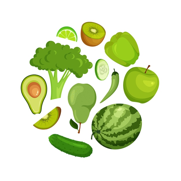 Vector gemengde groenten en fruit in groene kleuren gezonde levensstijl food concept circle compositie