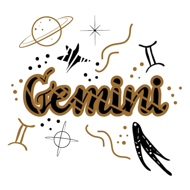 Vector gemini zodiac illustratie hand geschilderde lettering poster