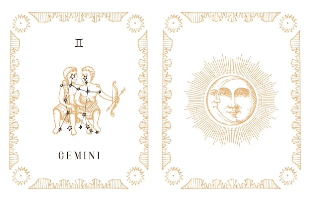 Gemini zodiac symbol and constellation old card