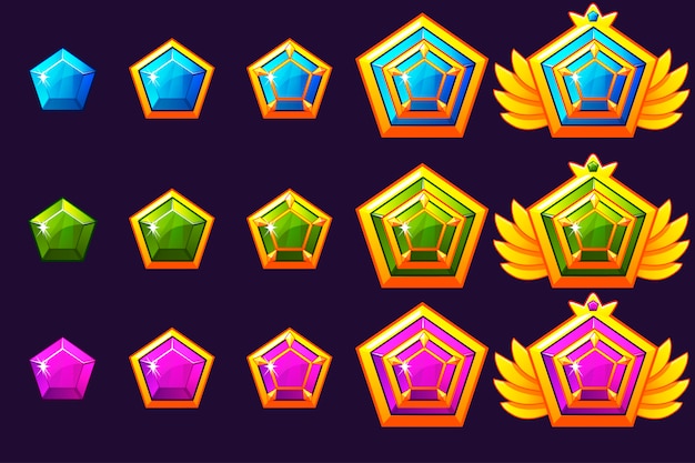 Gems award progress. golden amulets set with jewelry.  icons assets for game design.