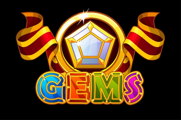 Gems logo and icons jewerl stones with red ribbon. bright inscription and pentagonal gem.