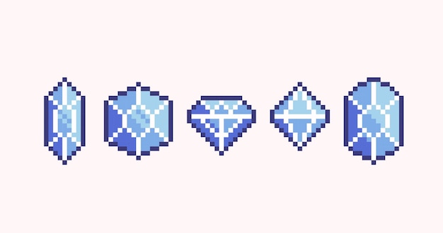 Vettore gemme pixel art icon set. collezione logo pietre preziose e cristalli