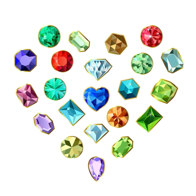 Vector gemstone cuts. diamonds of different shapes. shining multi-coloured jewels.