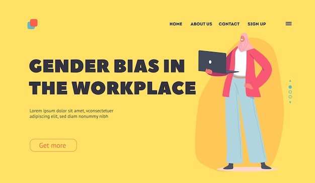 Gender Bias at Workplace Landing Page Template Arabic Business Woman with Laptop in Hands Arabian Female Character Dressed in Traditional Hijab and Formal Suit Cartoon People Vector Illustration