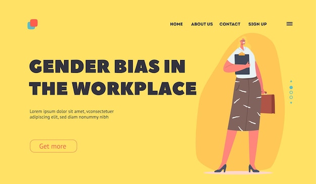 Gender Bias at Workplace Landing Page Template Businesswoman in Office Clothes with Clipboard Female Character in Formal Shirt and Skirt Positive Friendly Person Cartoon People Vector Illustration