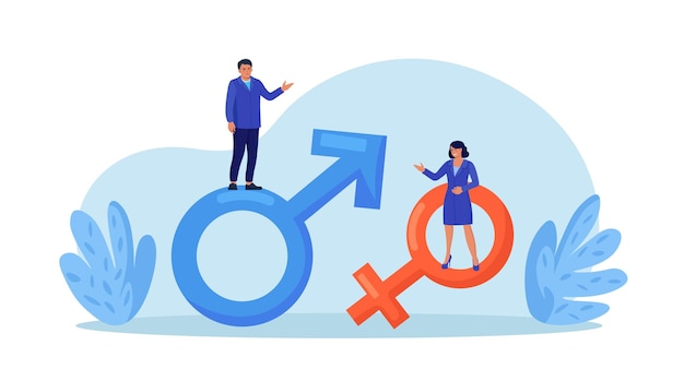 Vector gender business gap businessman and woman standing on gender symbol female discrimination inequality between men and women wage and career opportunity salary disparity unequal rights