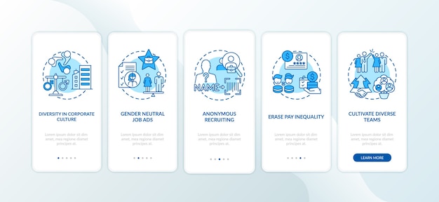 Vector gender diversity implementation tips onboarding mobile app page screen with concepts