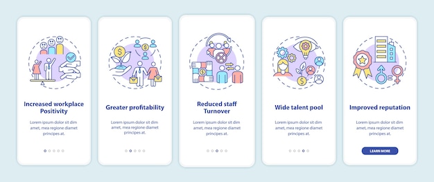 Gender diversity policy benefits onboarding mobile app page screen with concepts