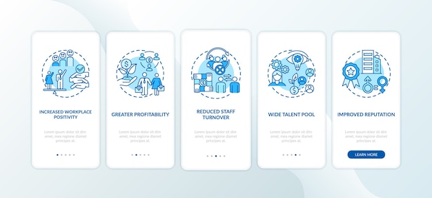 Gender diversity policy benefits onboarding mobile app page screen with concepts