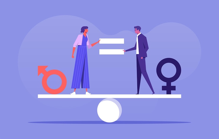 Vector 男女共同参画の概念平等な差別を感じているスケールのシンボルを持つ男性と女性